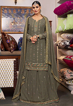 Embroidered Georgette Lehenga in Grey