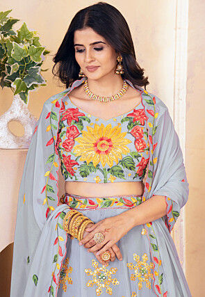 Embroidered Georgette Lehenga in Grey