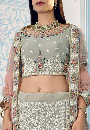 Embroidered Georgette Lehenga in Grey