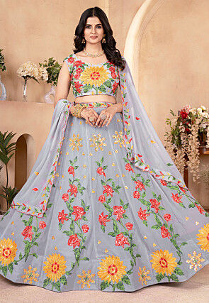 Embroidered Georgette Lehenga in Grey