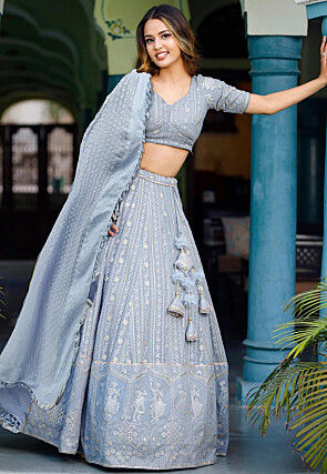 Embroidered Georgette Lehenga in Grey
