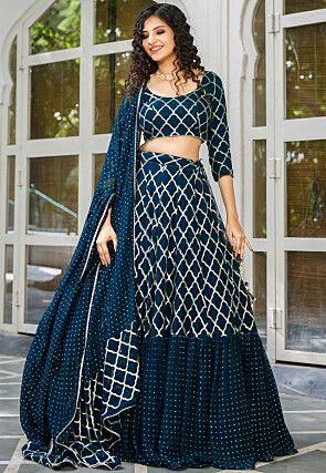 Embroidered Georgette Ruffled Lehenga in Indigo Blue