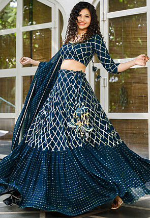 Embroidered Georgette Ruffled Lehenga in Indigo Blue