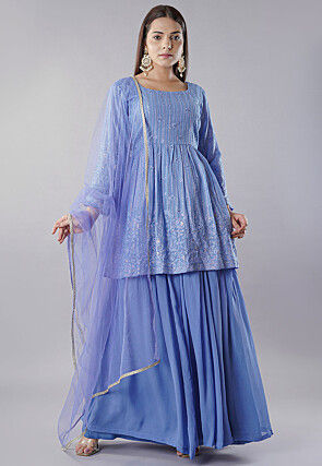 Embroidered Georgette Lehenga in Indigo Blue