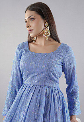 Embroidered Georgette Lehenga in Indigo Blue