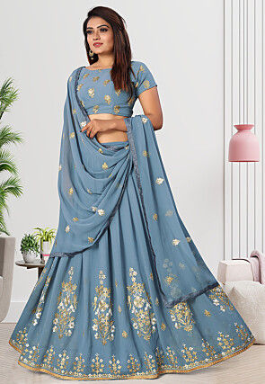 Embroidered Georgette Lehenga in Light Blue
