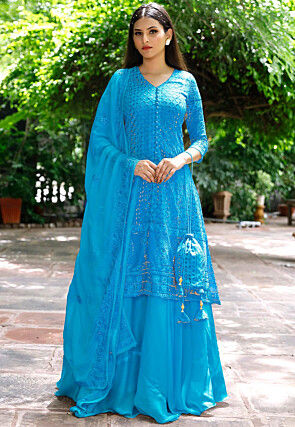 Embroidered Georgette Lehenga in Light Blue