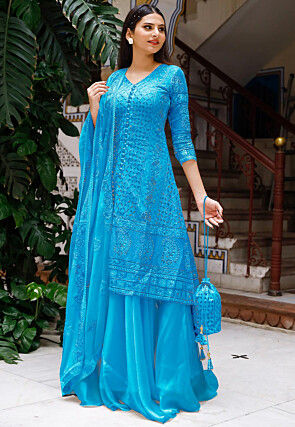 Embroidered Georgette Lehenga in Light Blue