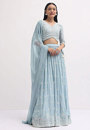 Embroidered Georgette Lehenga in Light Blue