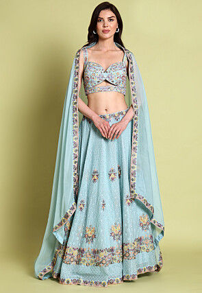 Embroidered Georgette Lehenga in Light Blue