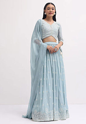 Embroidered Georgette Lehenga in Light Blue