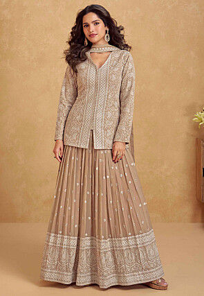 Embroidered Georgette Lehenga in Light Brown