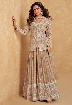 Embroidered Georgette Lehenga in Light Brown