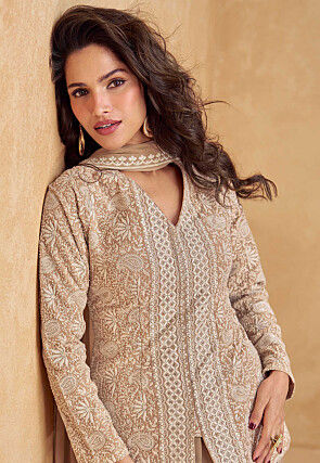 Embroidered Georgette Lehenga in Light Brown