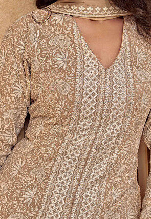 Embroidered Georgette Lehenga in Light Brown