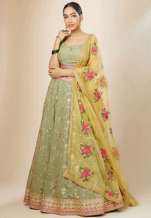 Embroidered Georgette Lehenga in Light Green