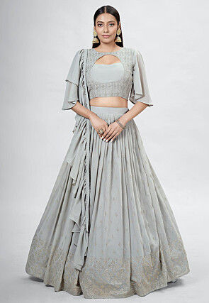 Embroidered Georgette Lehenga in Light Grey