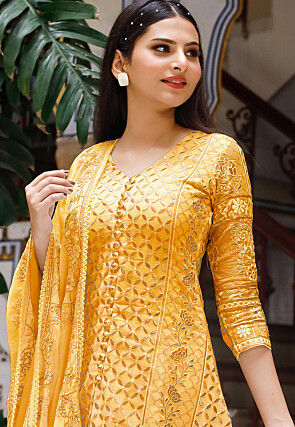 Embroidered Georgette Lehenga in Light Mustard