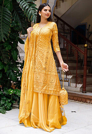 Embroidered Georgette Lehenga in Light Mustard
