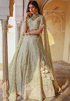 Embroidered Georgette Lehenga in Light Olive Green
