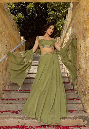 Embroidered Georgette Lehenga in Light Olive Green