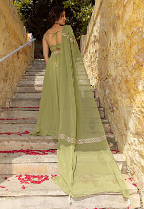 Embroidered Georgette Lehenga in Light Olive Green