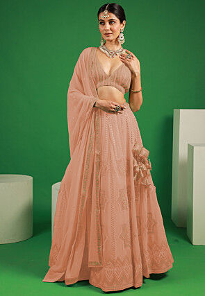 Embroidered Georgette Lehenga in Light Peach