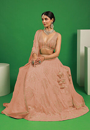 Embroidered Georgette Lehenga in Light Peach