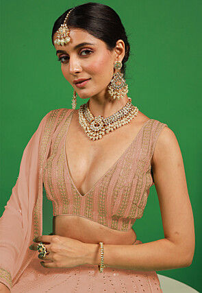 Embroidered Georgette Lehenga in Light Peach