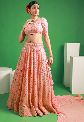 Embroidered Georgette Lehenga in Light Peach