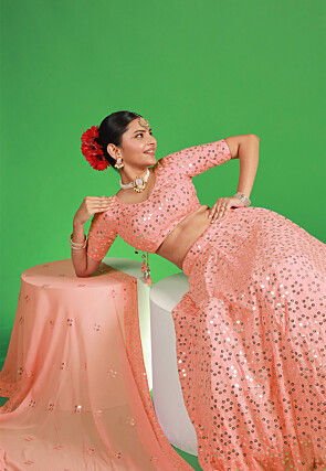 Embroidered Georgette Lehenga in Light Peach