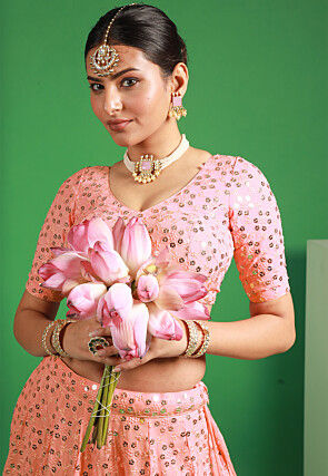 Embroidered Georgette Lehenga in Light Peach