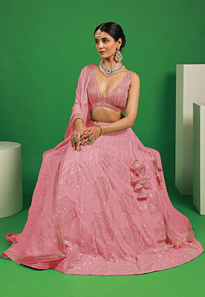 Embroidered Georgette Lehenga in Light Pink