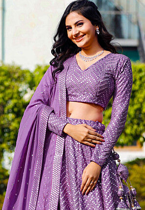 Embroidered Georgette Lehenga in Light Purple