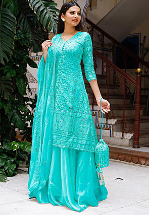 Embroidered Georgette Lehenga in Light Turquoise
