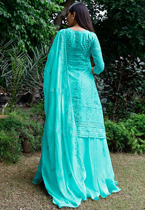 Embroidered Georgette Lehenga in Light Turquoise