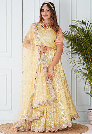 Embroidered Georgette Lehenga in Light Yellow
