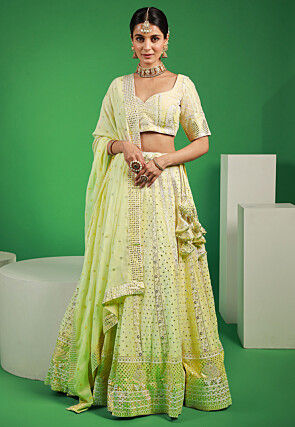 Embroidered Georgette Lehenga in Light Yellow