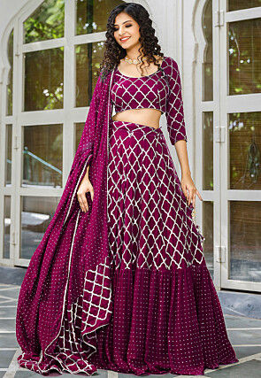 Embroidered Georgette Ruffled Lehenga in Magenta