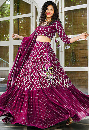Embroidered Georgette Ruffled Lehenga in Magenta