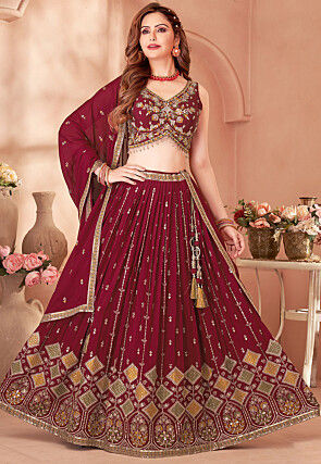 Embroidered Georgette Lehenga in Maroon