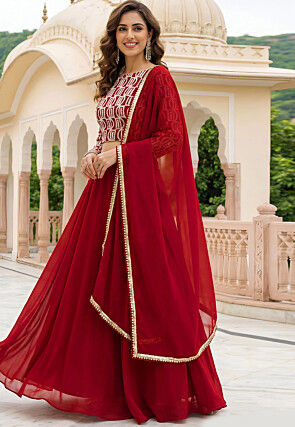Embroidered Georgette Lehenga in Maroon