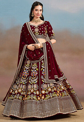 Embroidered Georgette Lehenga in Maroon