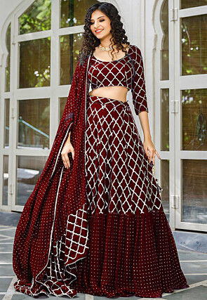Embroidered Georgette Ruffled Lehenga in Maroon