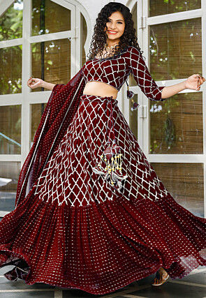Embroidered Georgette Ruffled Lehenga in Maroon