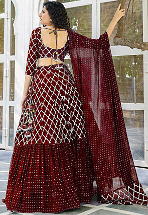 Embroidered Georgette Ruffled Lehenga in Maroon
