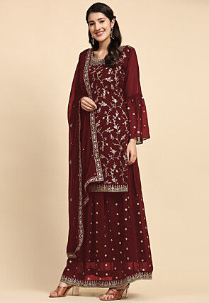 Embroidered Georgette Lehenga in Maroon