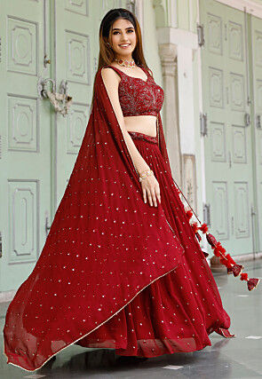 Embroidered Georgette Lehenga in Maroon