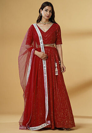 Embroidered Georgette Lehenga in Maroon