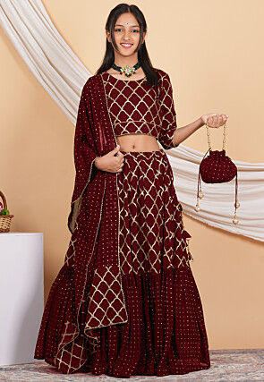 Embroidered Georgette Lehenga in Maroon
